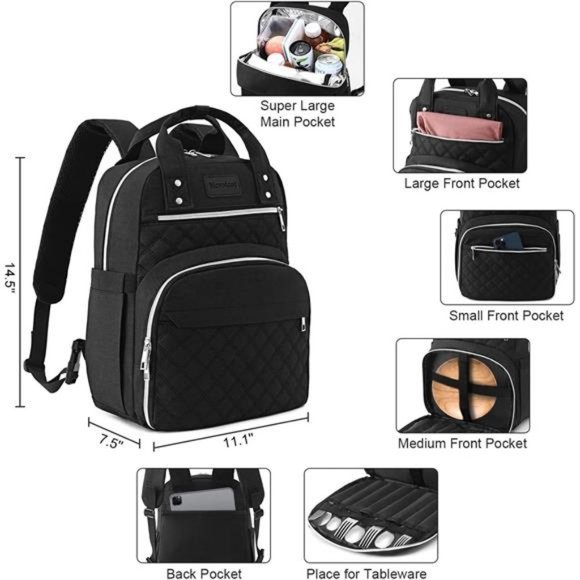 Insulated Lunch Bag for Women Men, Multi Compartment Lunch Backpack (Black)